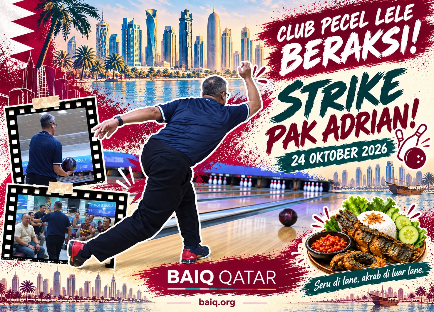 Pak Adrian strike collage with a Doha backdrop and pecel lele illustration