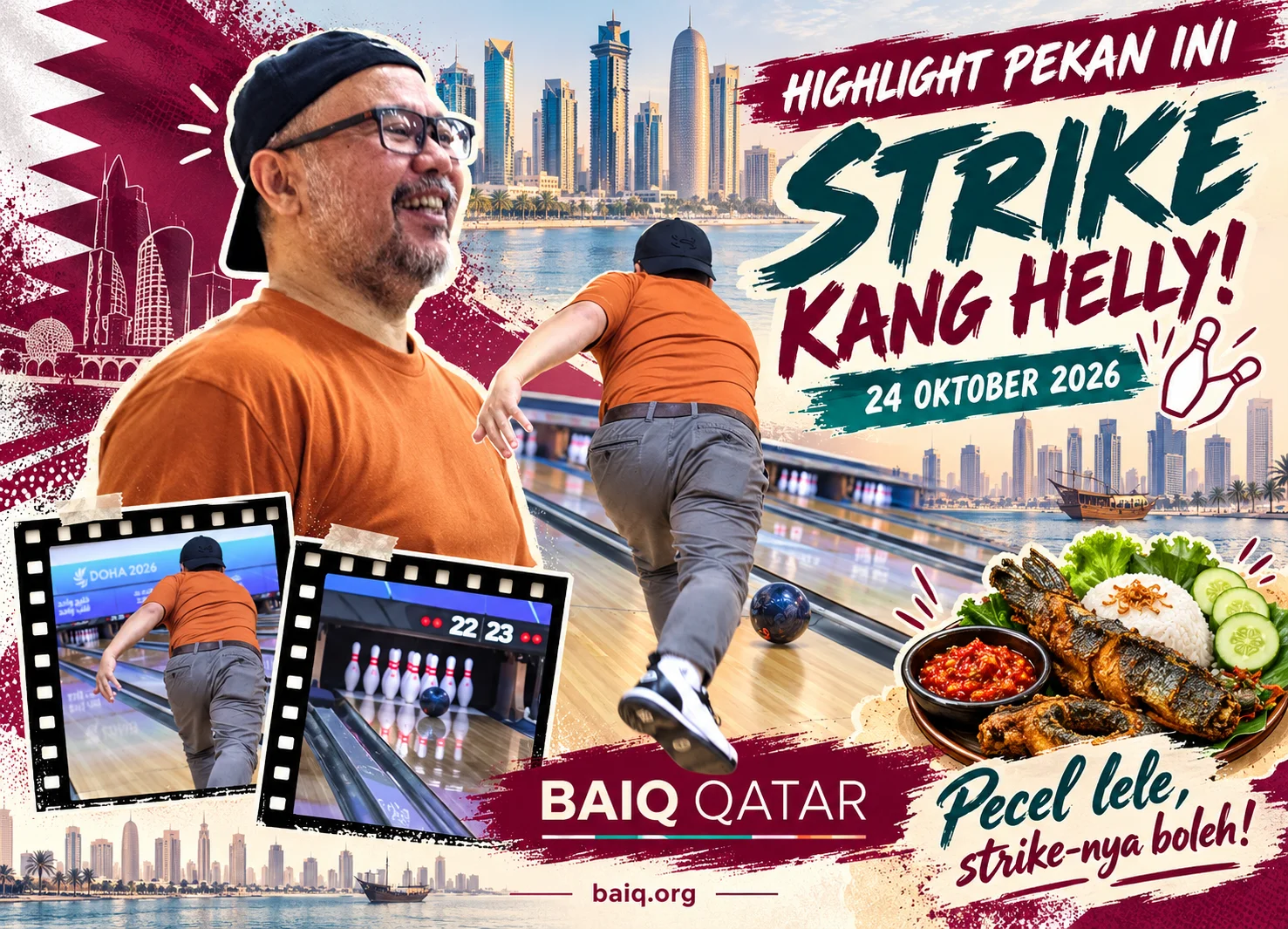 Kolase strike Kang Helly dengan latar Doha dan ilustrasi pecel lele
